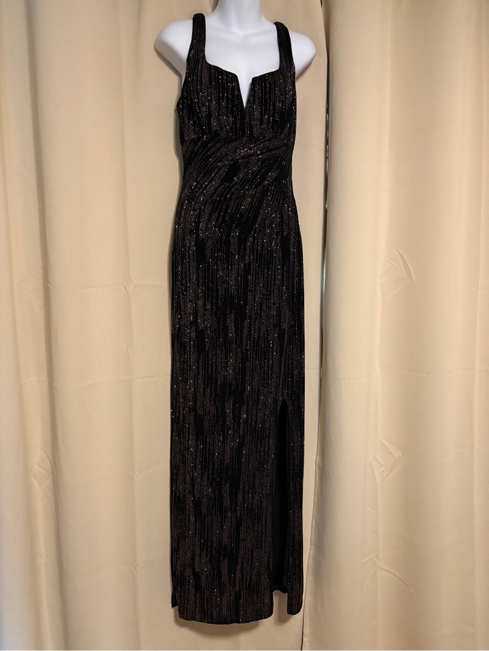 Le Chateau Elegant Black Sparkle Maxi Dress with Front Slit
